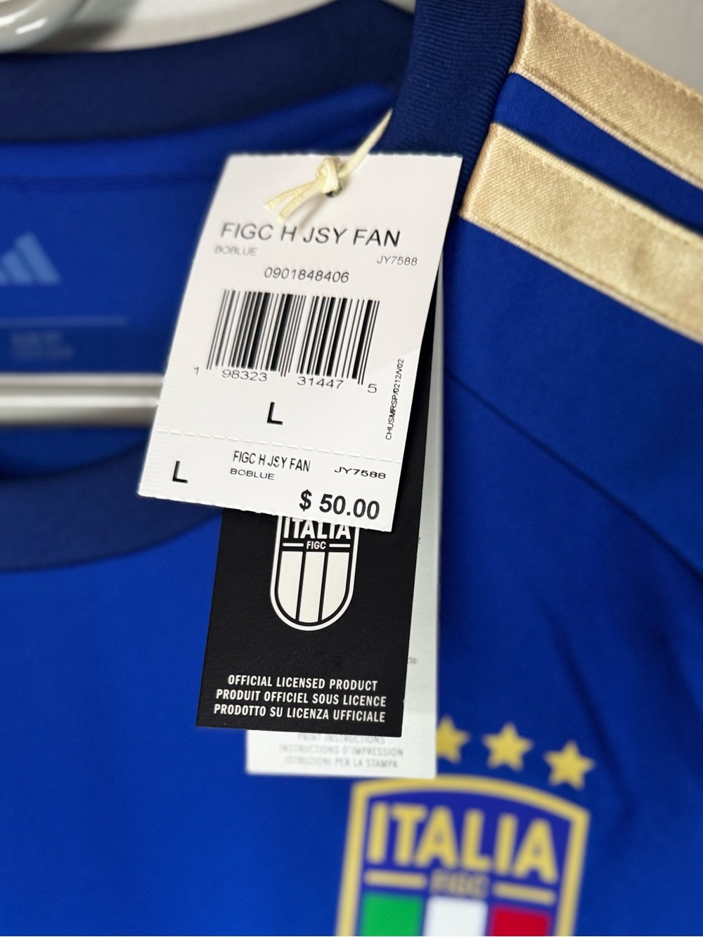 adidas Blue Italy National Soccer Jersey with Gold Stripes - Picture 3 of 5
